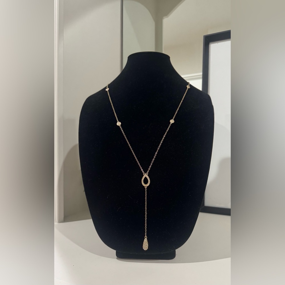 White House Black Market Gold Pendant Lariat Necklace pave crystal